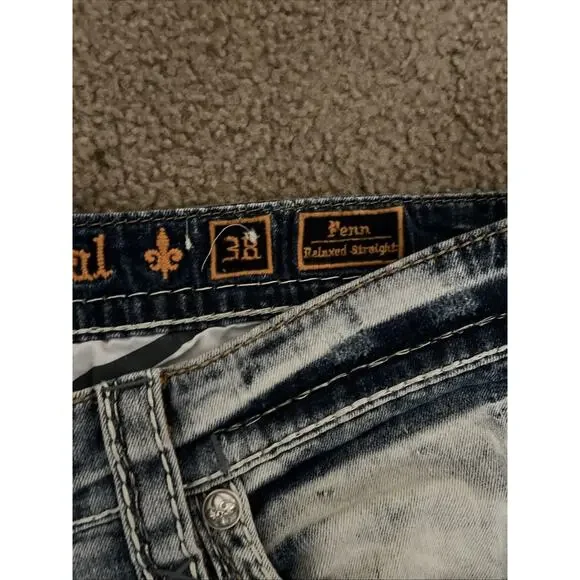 Rock Revival Jeans Mens Fenn 38 Relaxed Straight Blue Distressed
